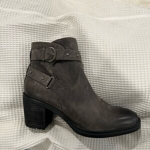 Distressed gray booties with buckle details. First/last shots show actual color.
